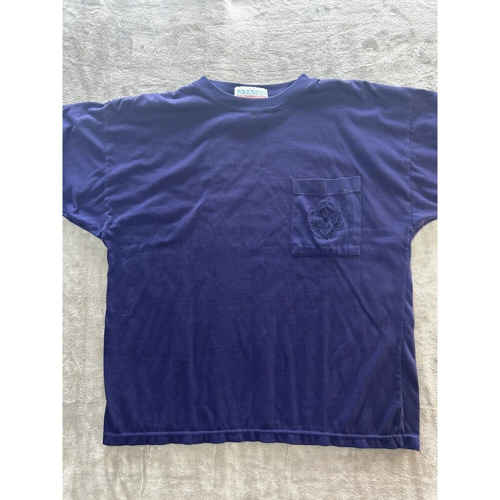 Vintage 1980’s CROQUET CLUB Women’s T-Shirt Purple crop top Sz L. Sm hole